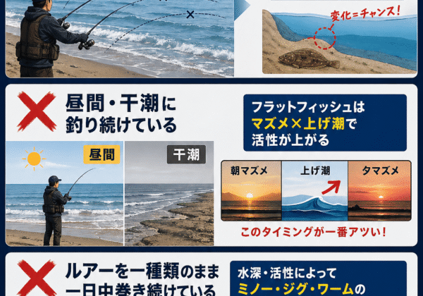 サーフでヒラメが釣れない人がやりがちな「3つのミス」｜ポイントの絞り方と時間帯を変えたら坊主が消えた話